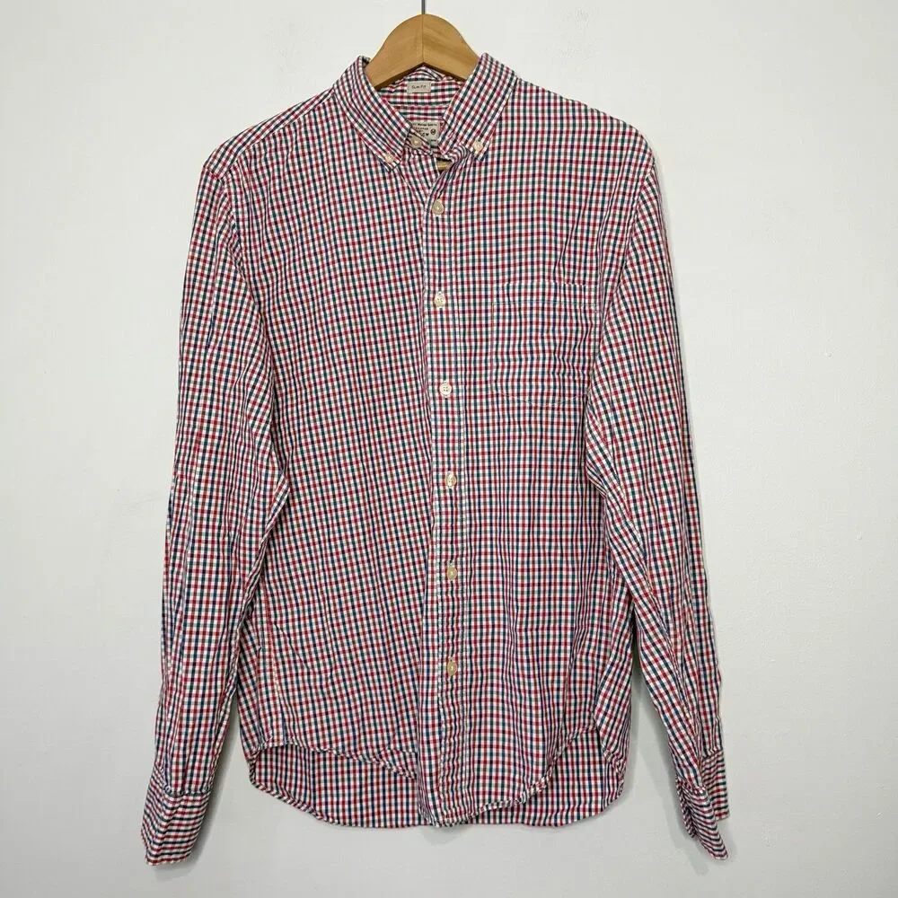 J. Crew Red, White, & Blue Gingham Cotton Slim Button Up Dress Shirt Medium